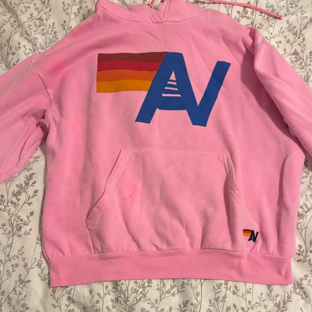 Aviator Nation Pink Sweater with Blue and Multicolor Logo